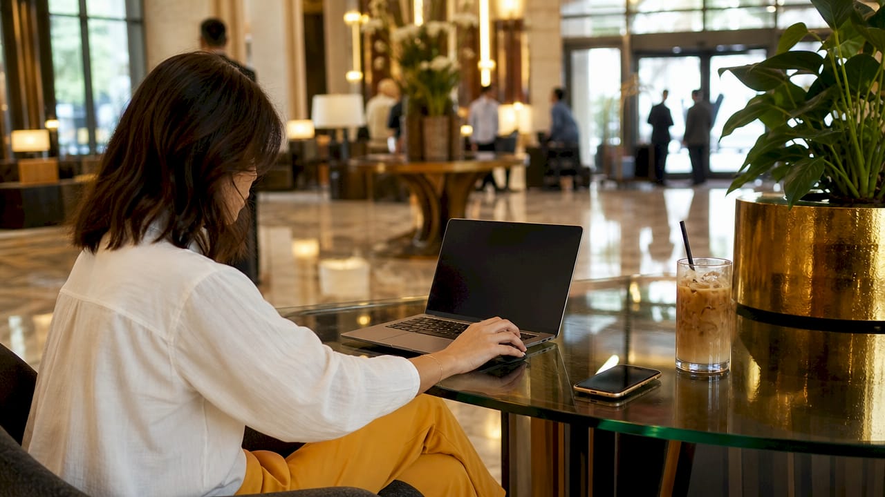Woman booking VIP shuttle online at café