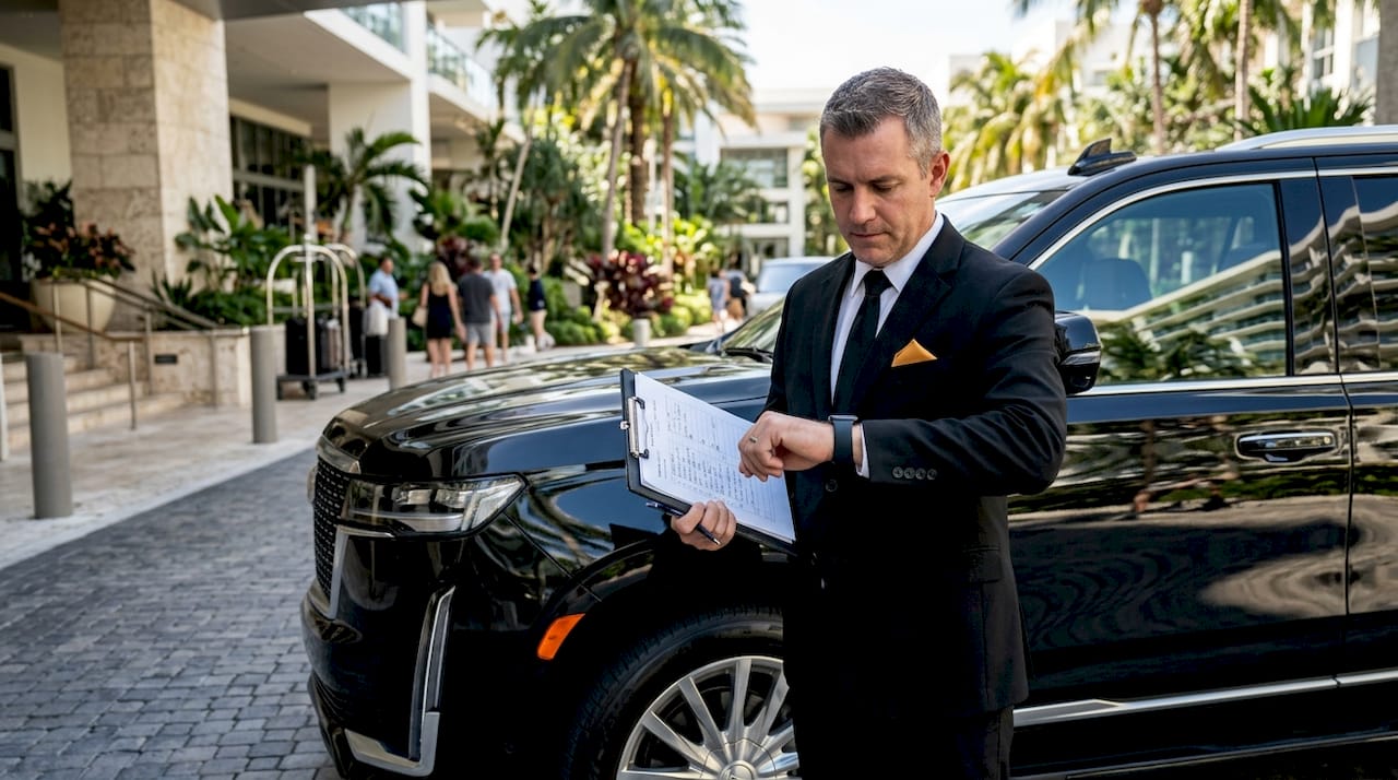 Miami VIP Car Service - 1783496217469 Driver preparing SUV for early morning Miami car ride Driver preparing SUV for early morning Miami car ride