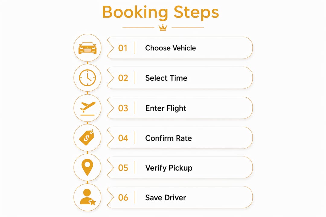 Miami VIP Car Service - 1783496315694 Infographic illustrating six booking steps for Miami car service Infographic illustrating six booking steps for Miami car service
