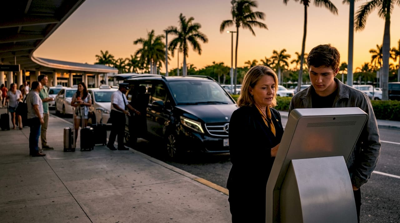 Travelers deciding on airport transfer options inside terminal