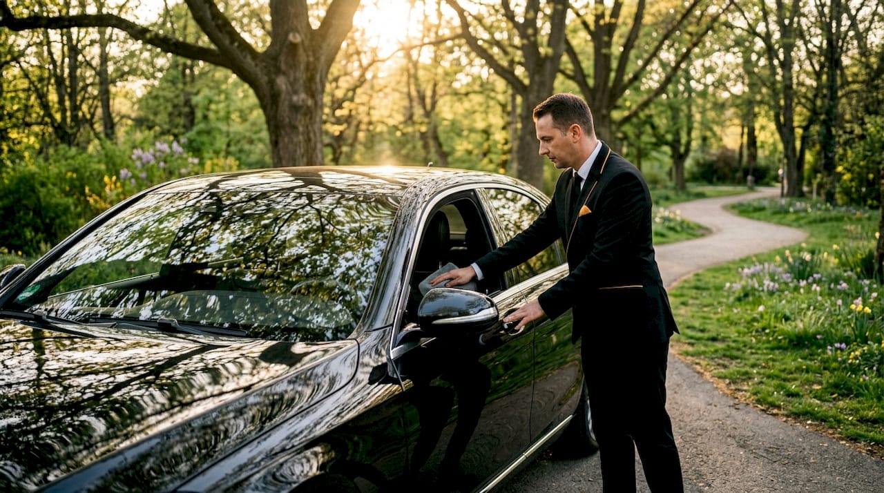 Chauffeur inspecting luxury car before ride