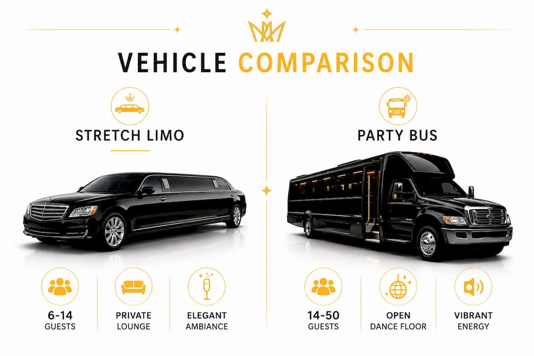 Infographic comparing stretch limo and party bus features