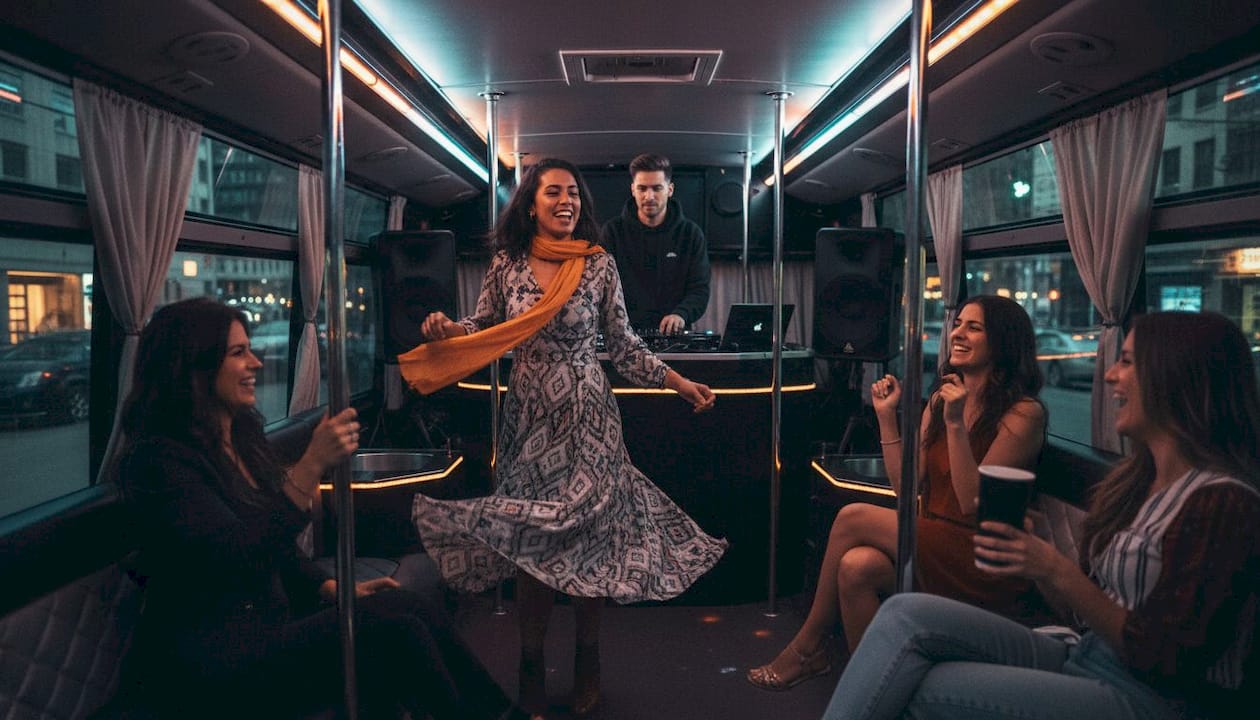Lively group enjoying party bus interior with lights