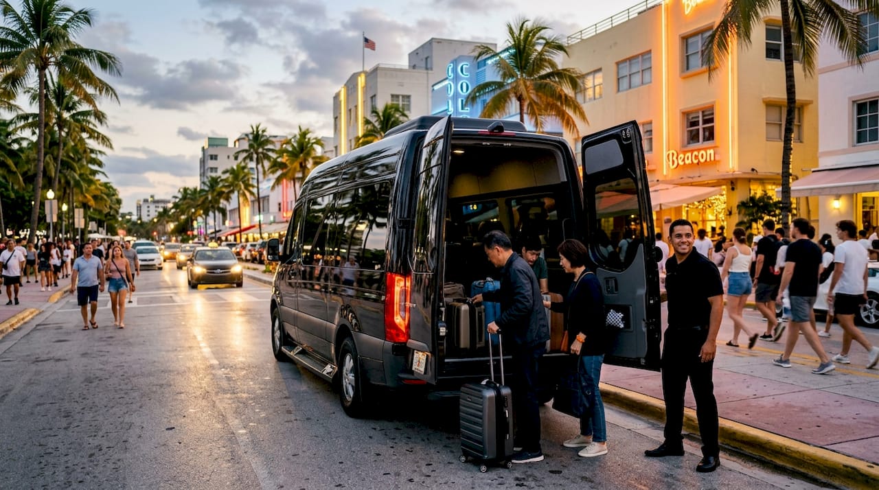 Shuttle van loading passengers near Port of Miami