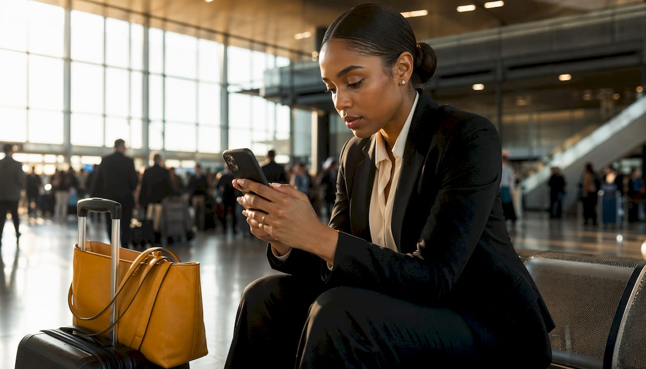 Traveler booking airport transfer on smartphone