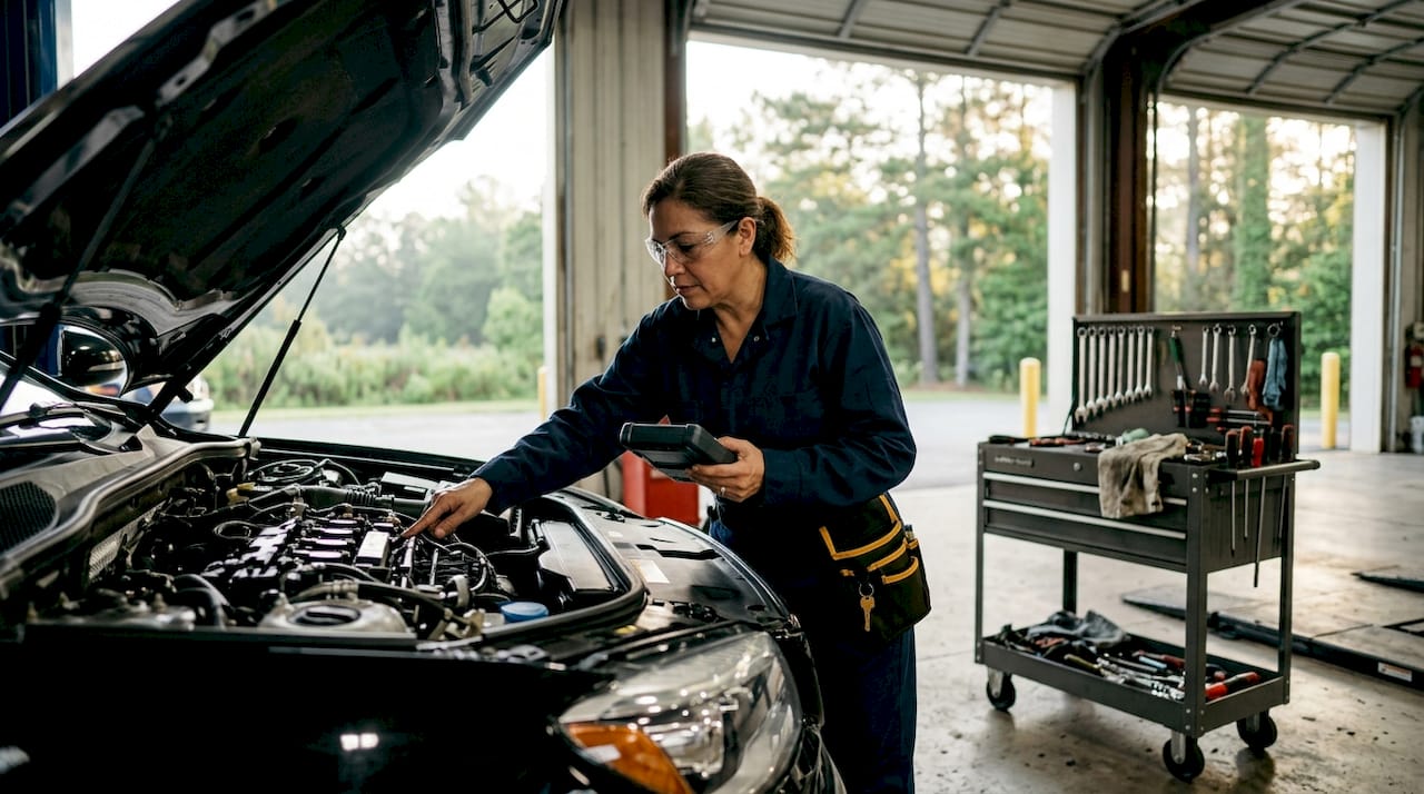 Mechanic inspecting luxury SUV in workshop