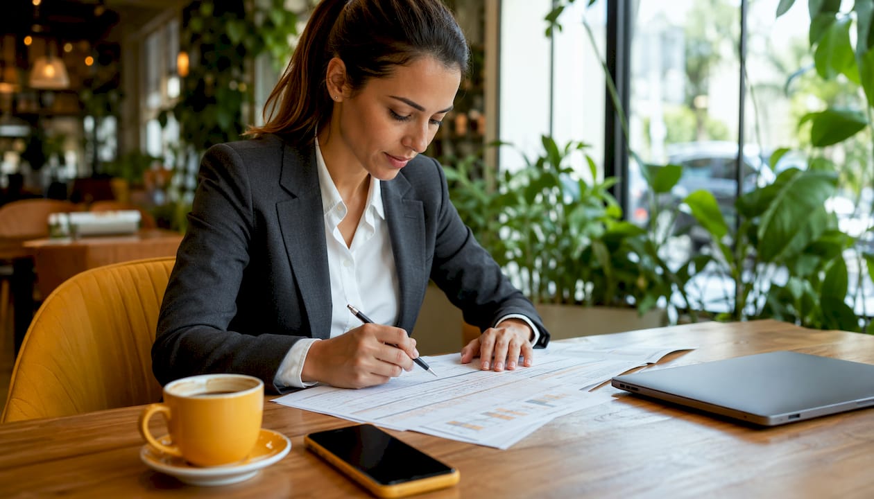 Professional woman reviewing car service pricing documents