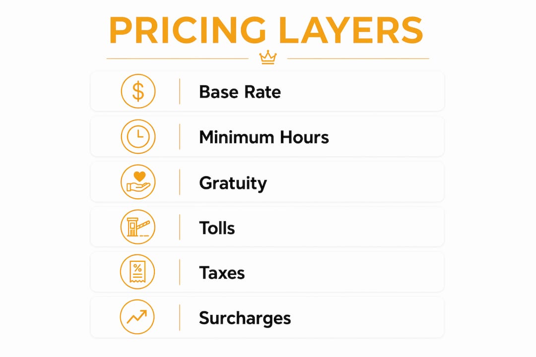 Infographic illustrating hourly car service pricing layers