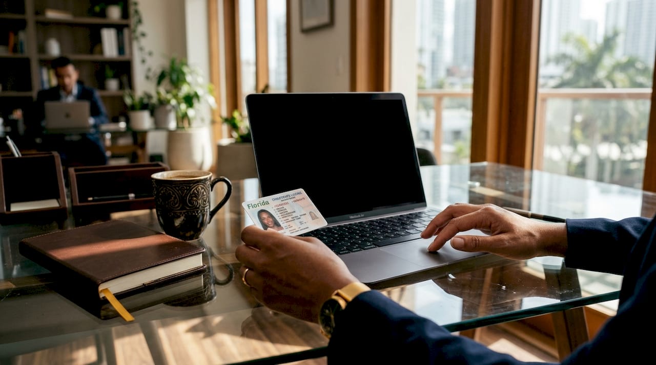 Hands verifying Florida chauffeur license on laptop