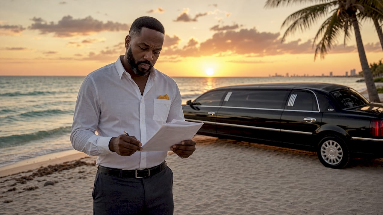 Man verifying limo company insurance outside office