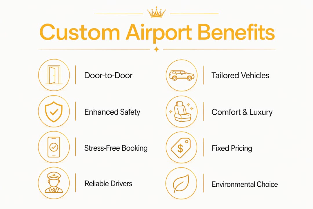 Infographic showing eight key benefits of custom airport pickups