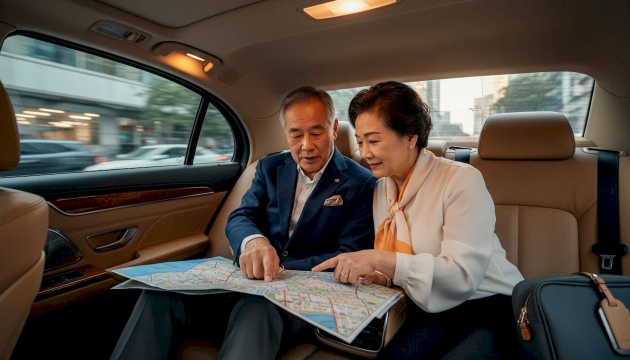 Couple relaxed in private airport transfer car