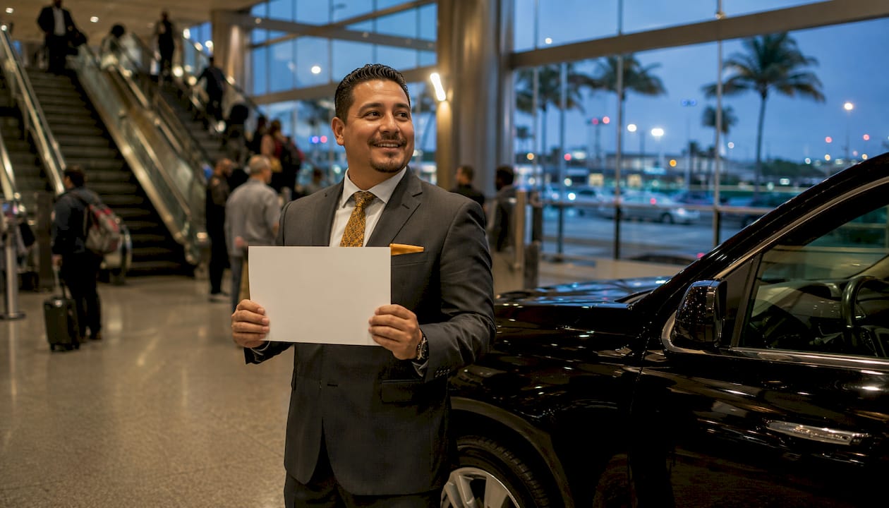Chauffeur waiting with sign in airport arrivals hall