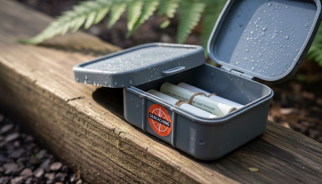 ABS-Geocache auf einem Holzuntergrund, verziert mit Wassertropfen.