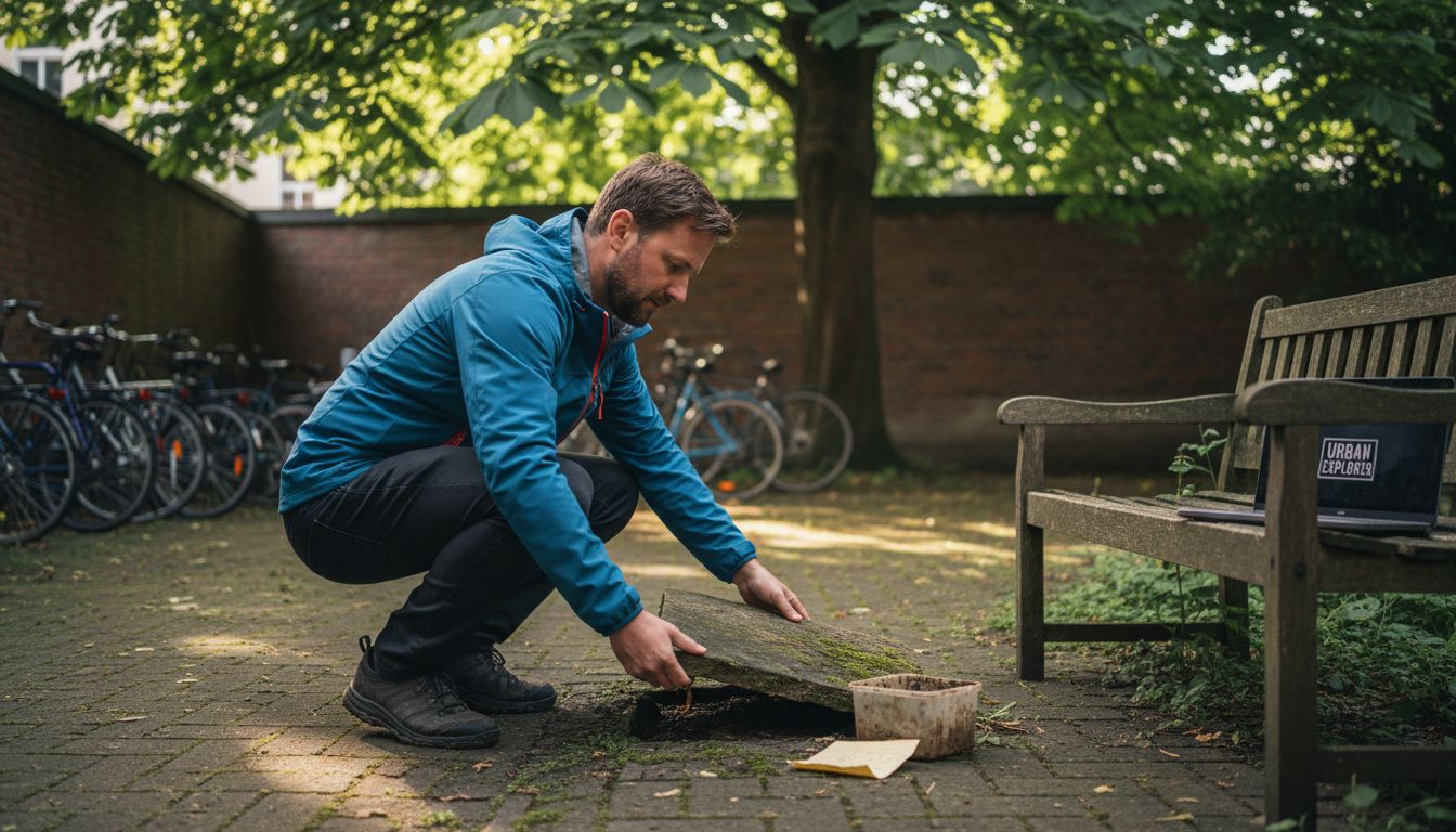 A geocacher lifts a stone to hide a particularly original cache.