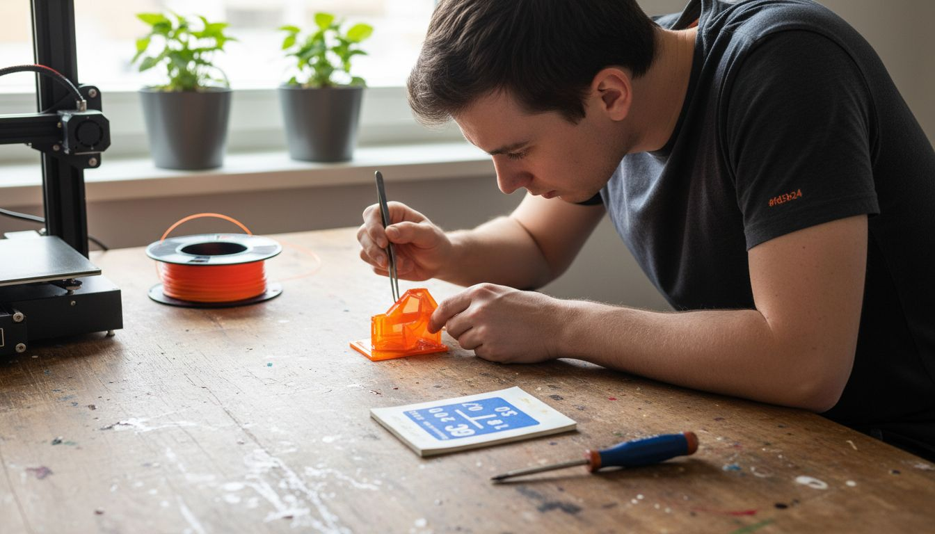 The PETG geocache is carefully checked by hand at the workbench.