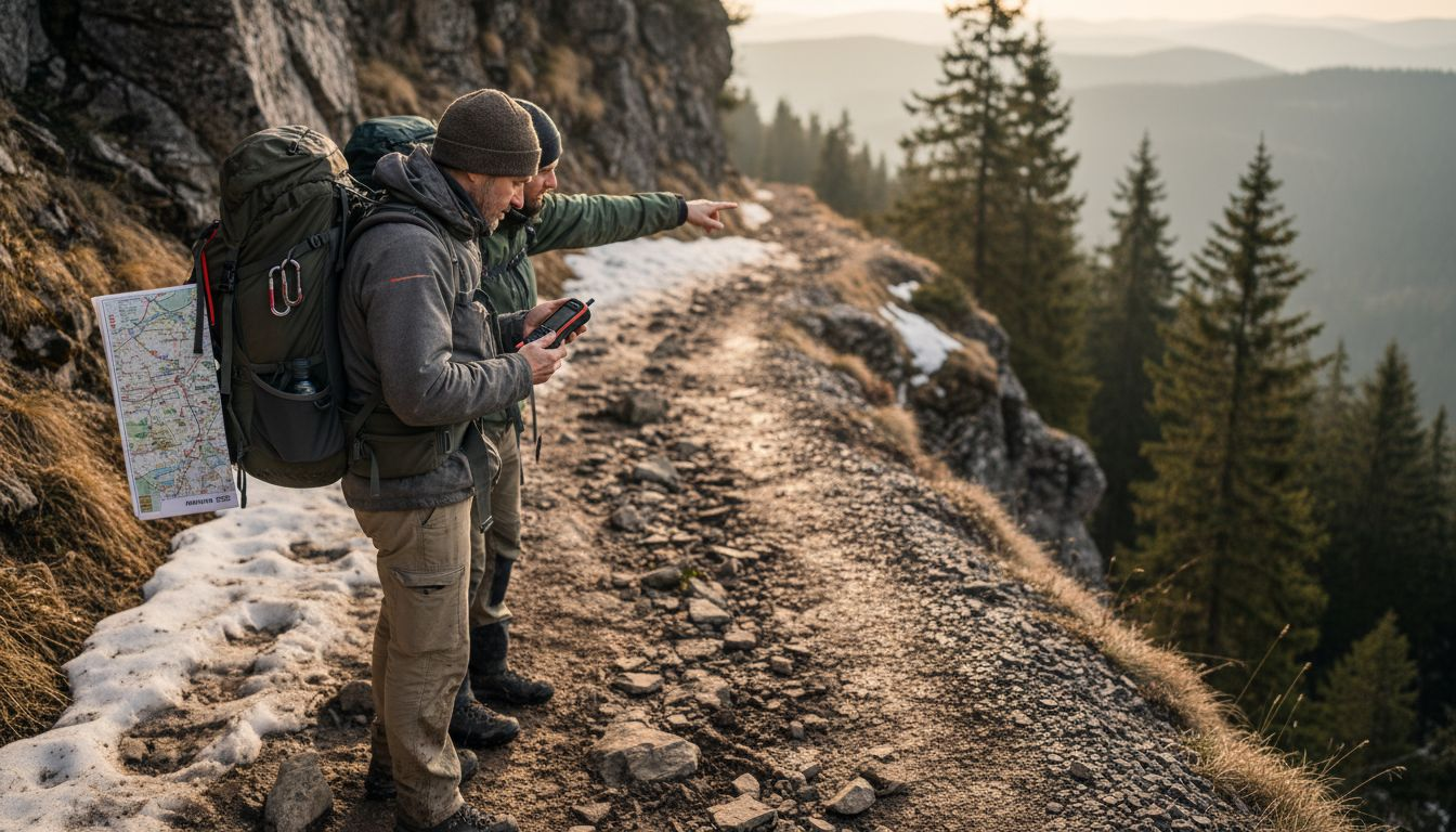 Mit GPS-Geräten ausgestattet, suchen Wanderer auf einem Bergpfad nach einem versteckten Geocache.