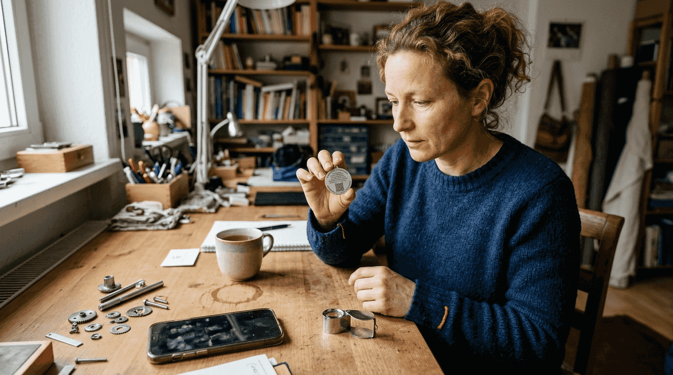 Eine Frau schaut sich ein Trackable aus Edelstahl mit QR-Code genauer an.