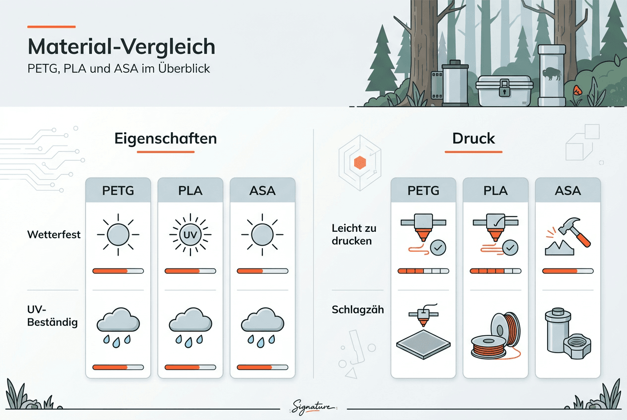 Infografik: PETG, PLA und ASA im Materialvergleich