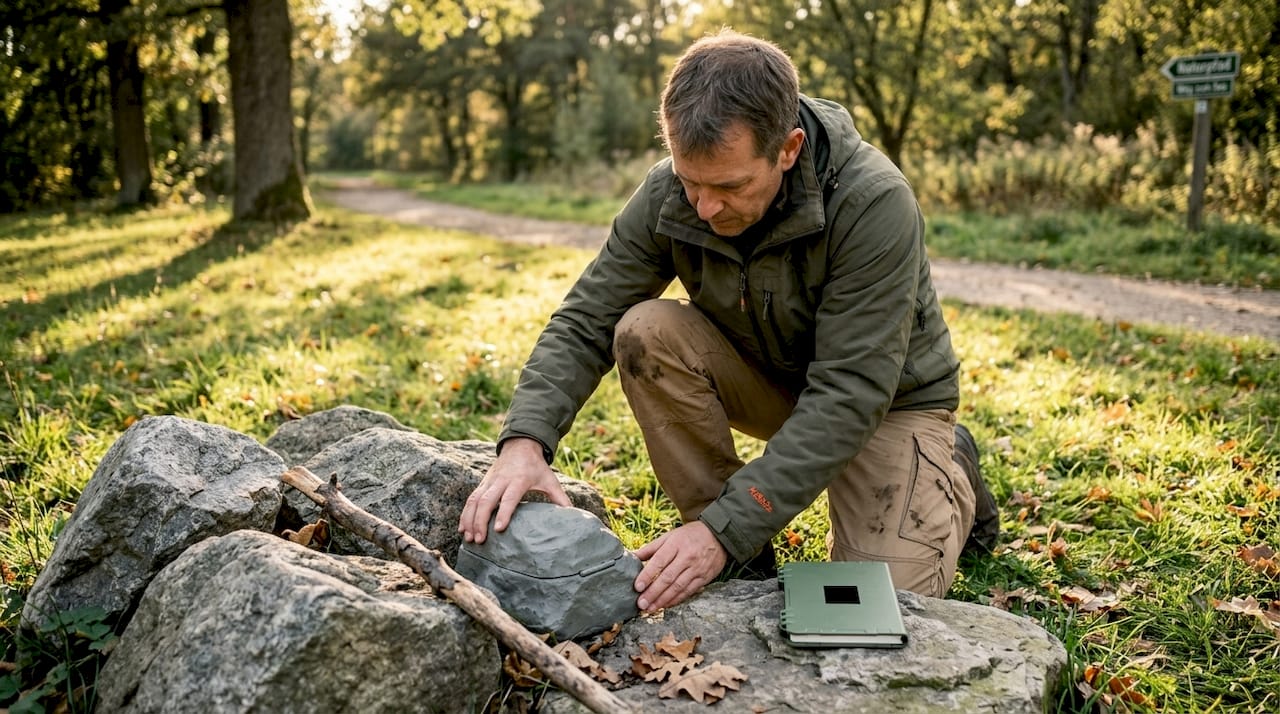Ein Mann versteckt einen Geocache geschickt zwischen täuschend echten künstlichen Felsen.