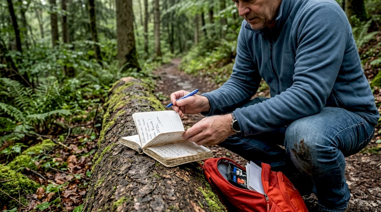 Ein Geocacher blättert am Waldrand im Logbuch.