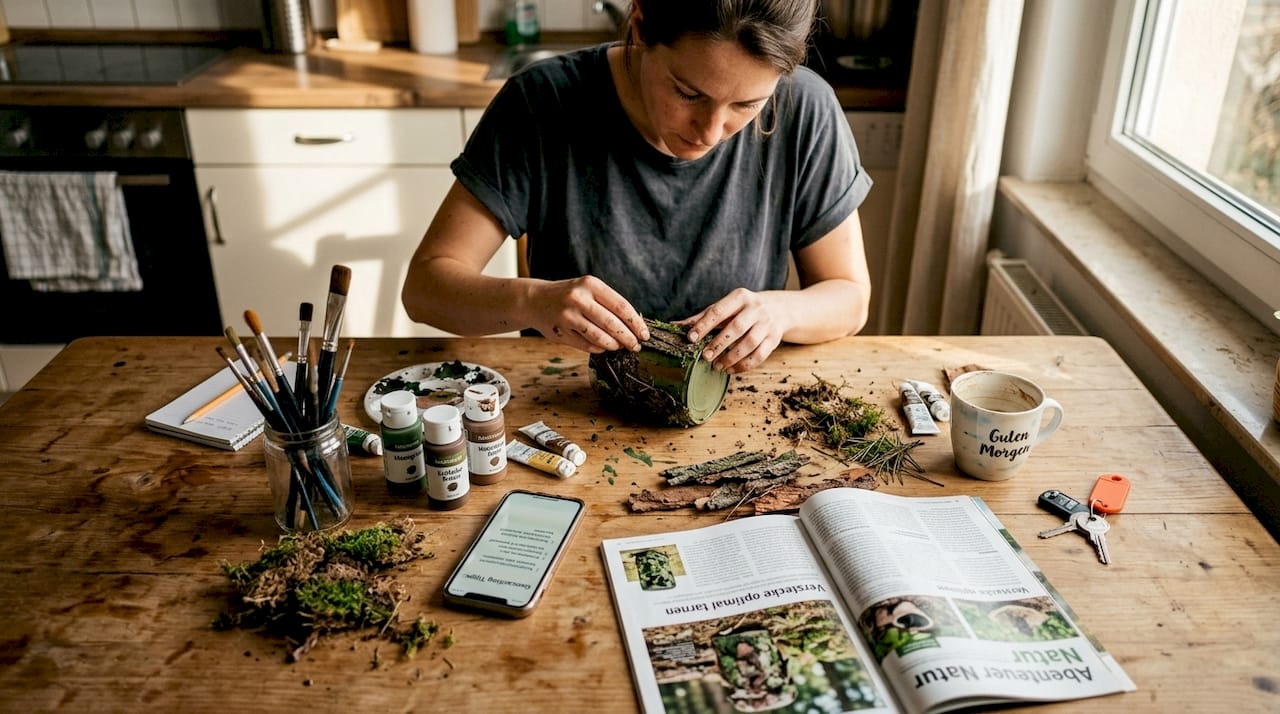 Eine Frau bastelt einen Geocache-Behälter, der sich perfekt in die Umgebung einfügt.