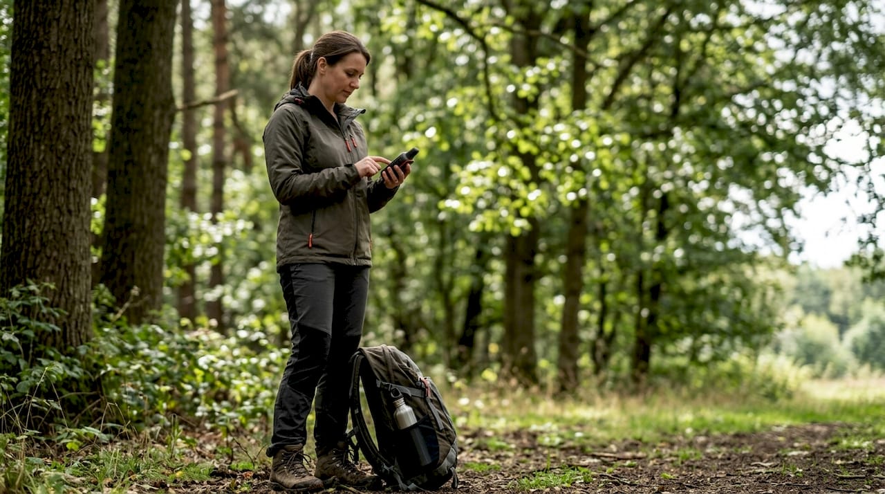 A woman goes geocaching with a GPS device.