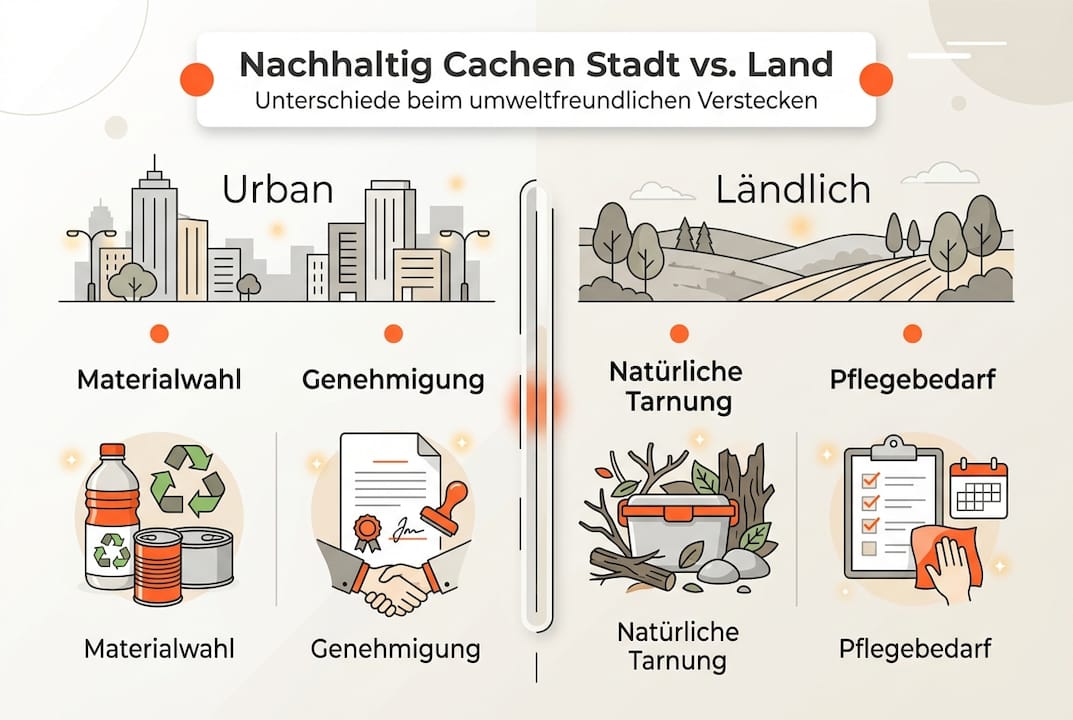 Infografik: Nachhaltiges Geocaching in Stadt und Land – Tipps und Hinweise für umweltbewusstes Suchen