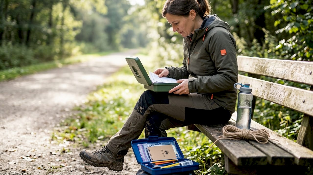 Ein Geocache-Besitzer überprüft und wartet seinen Cache bei einem Kontrollgang im Freien.
