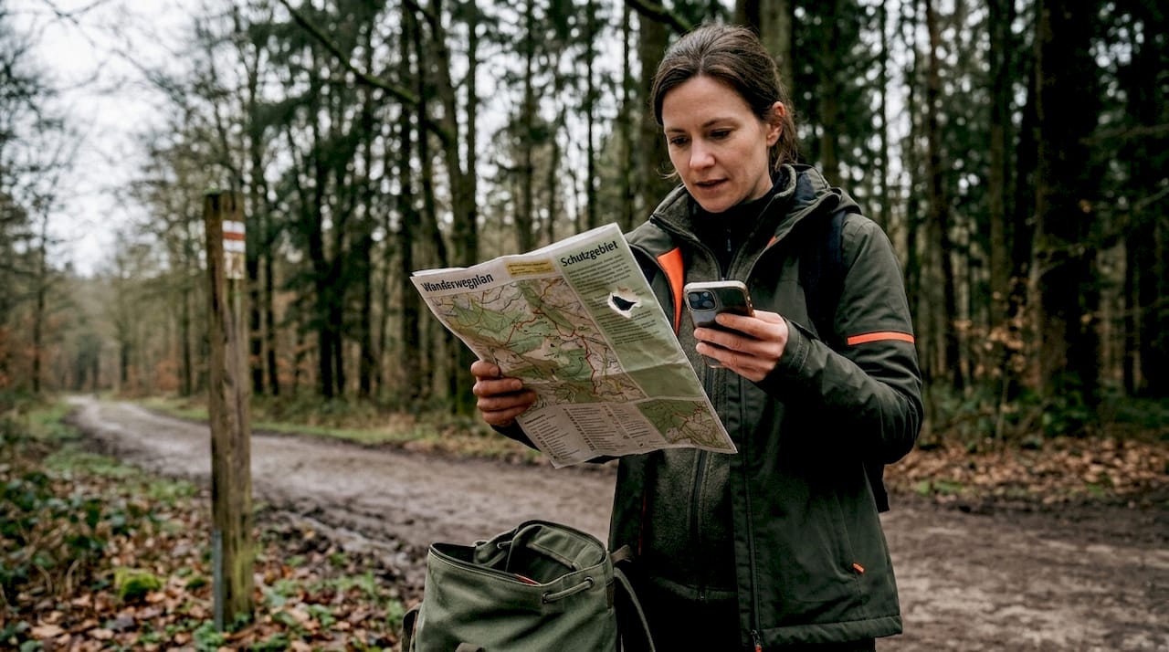 Eine Frau orientiert sich mit einer Karte im Naturschutzgebiet im Wald.