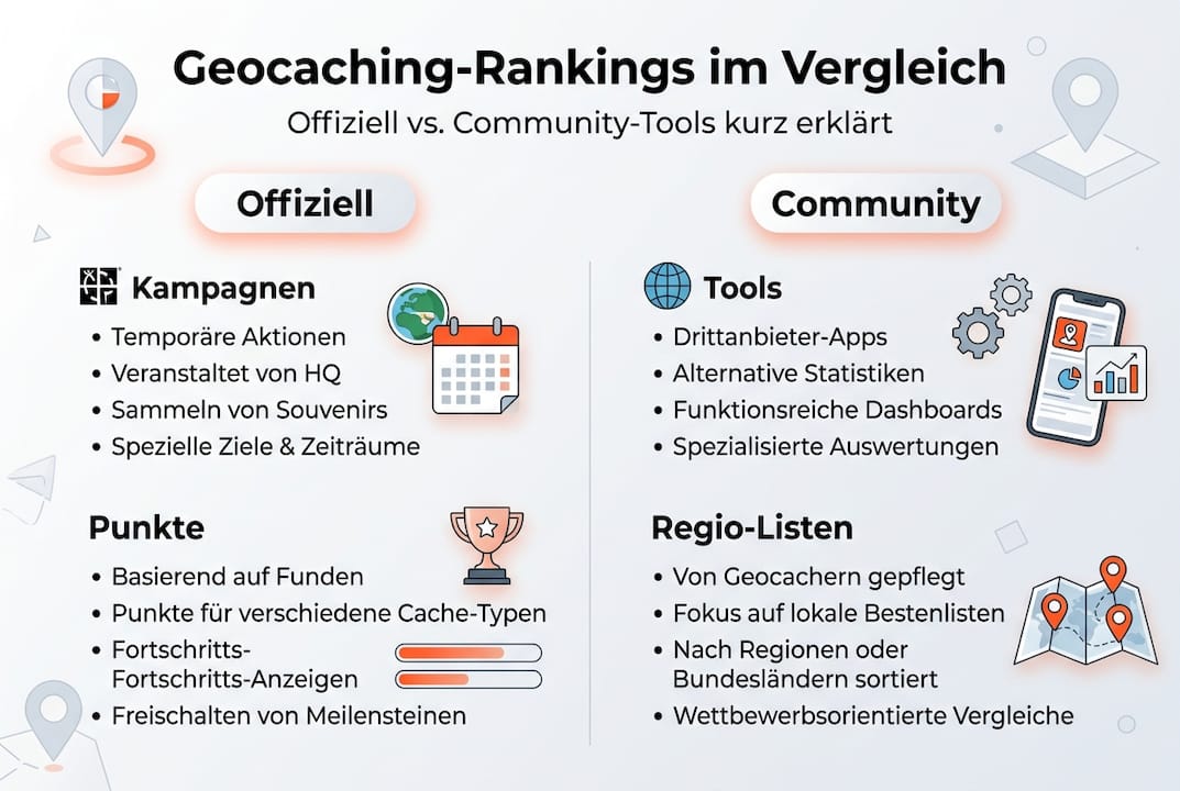 Infografik: Überblick und Vergleich gängiger Geocaching-Ranglisten