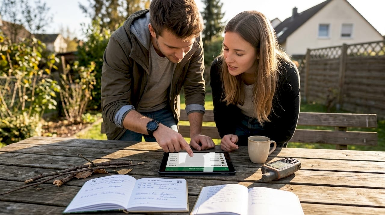 Draußen tauschen Freunde ihre Geocaching-Erfolge aus und vergleichen, wer die meisten Punkte gesammelt hat.
