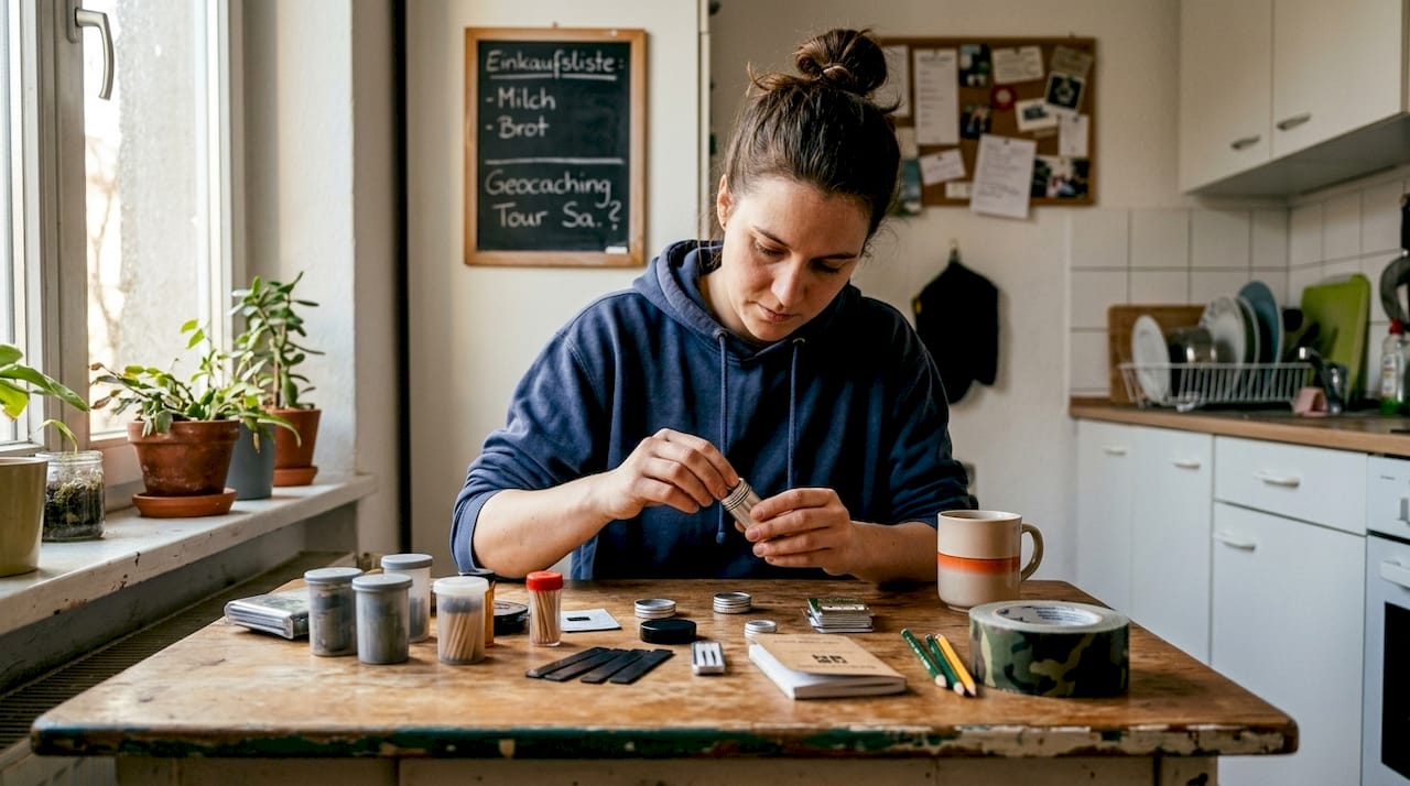 Eine Frau sortiert verschiedene Geocaching-Behälter und das dazugehörige Werkzeug.