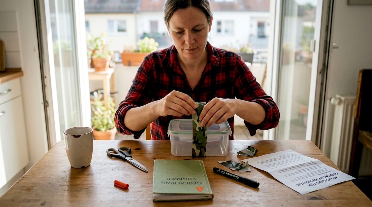 A woman assembling a new geocache container at a kitchen table.