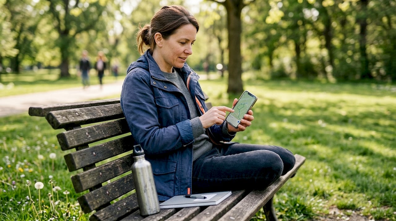 Eine Frau sitzt auf einer Parkbank und schaut auf ihr Smartphone, um die GPS-Funktion zu nutzen.