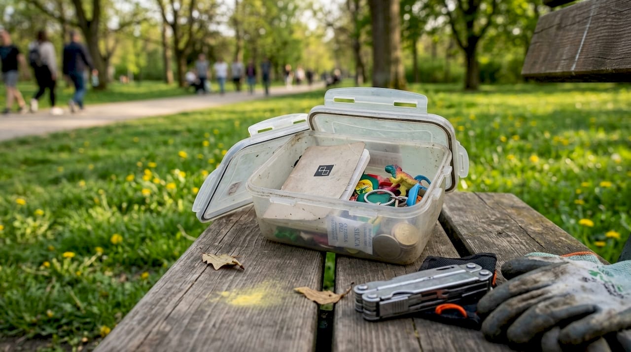 Eine wetterfeste Geocaching-Dose liegt geöffnet auf einer Parkbank.