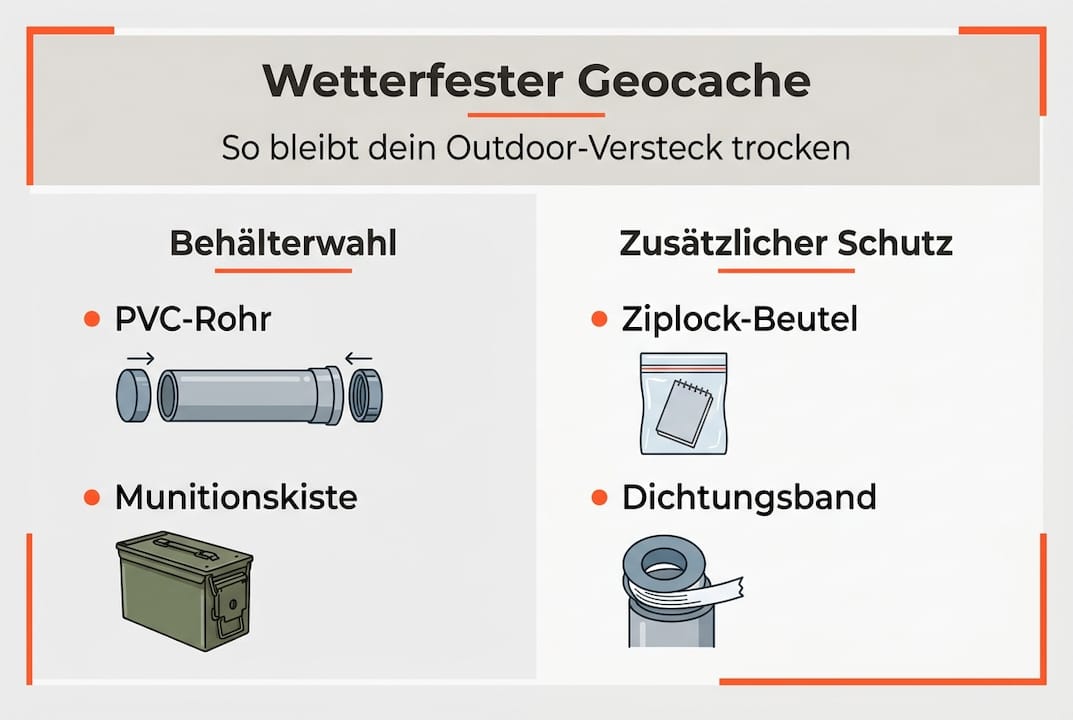 Infografik: So bleibt dein Geocache wetterfest – praktische Tipps für die Auswahl des richtigen Behälters