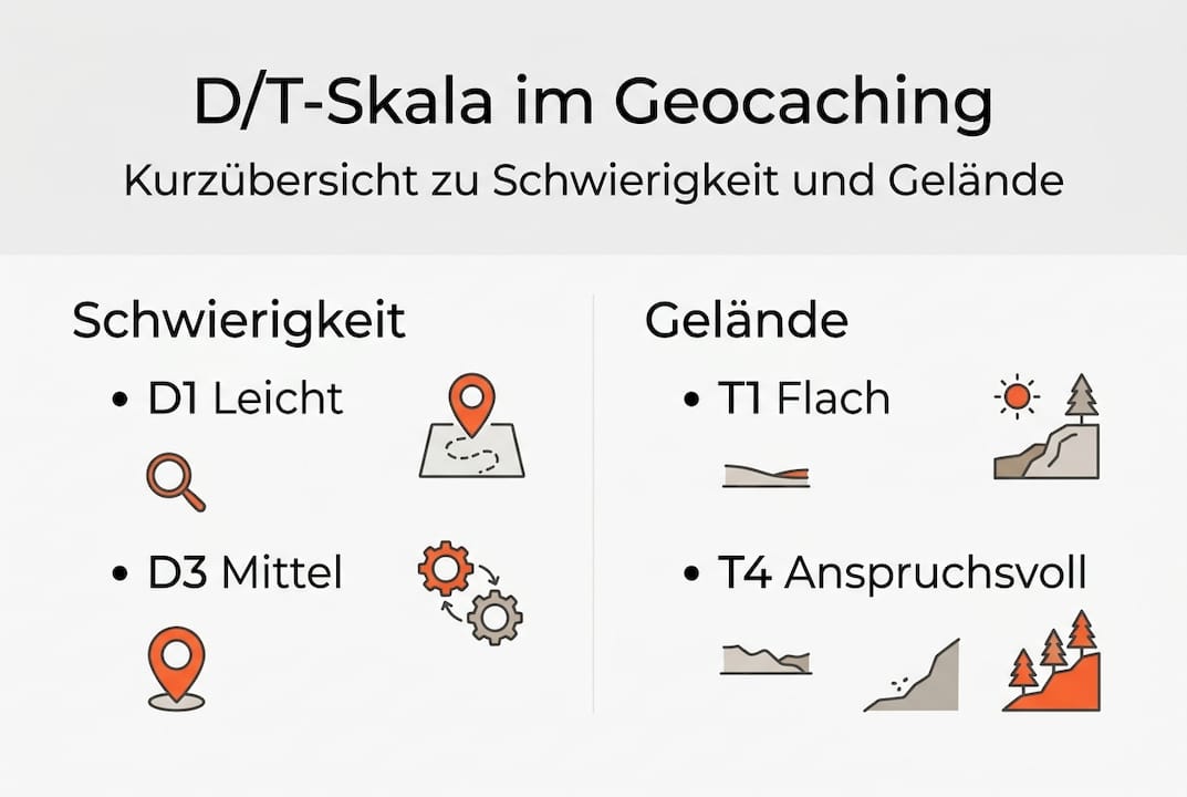 Infografik: Überblick zur D/T-Skala beim Geocaching