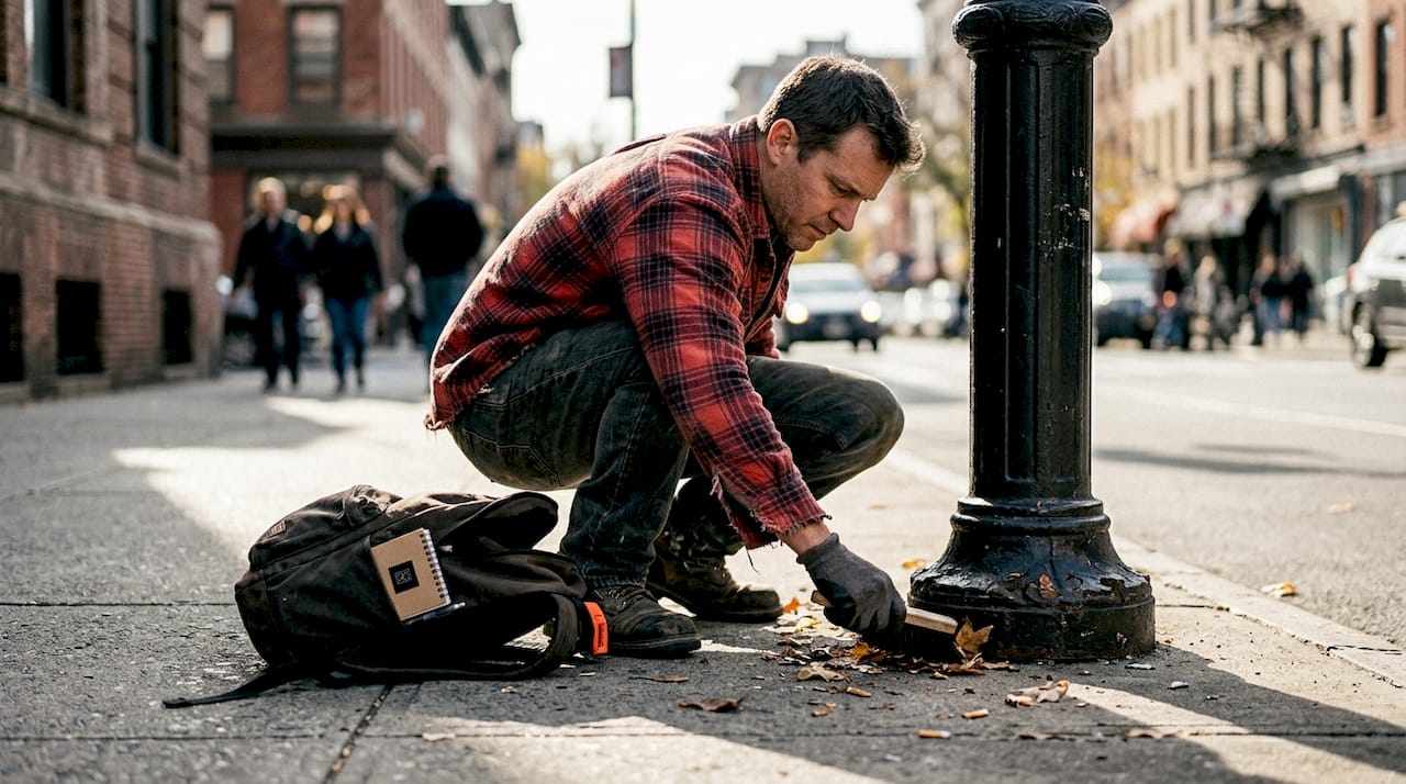 Ein Mann sucht einen Geocache in der Nähe einer Straßenlaterne mitten in der Stadt.