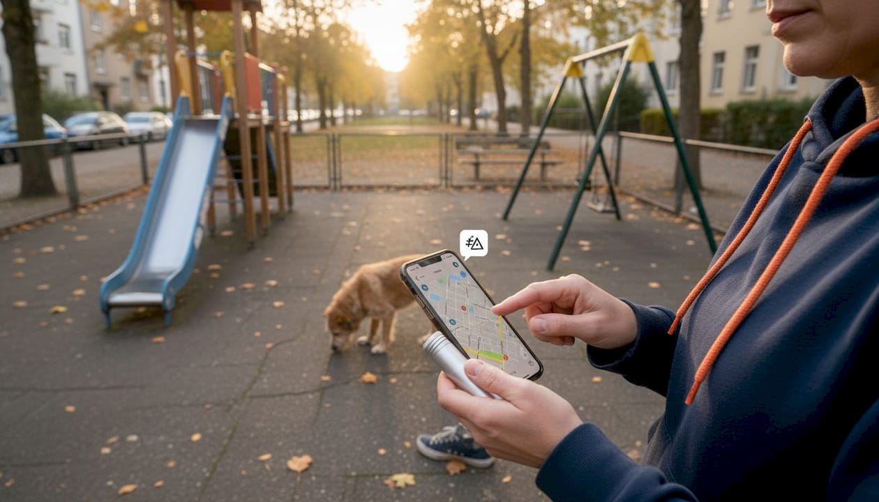 Eine Frau sucht mithilfe einer GPS-App nach einem Geocache.
