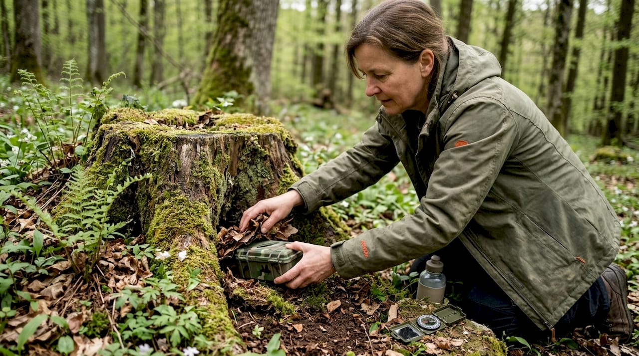 Eine Frau versteckt einen selbstgedruckten Geocache im Wald.