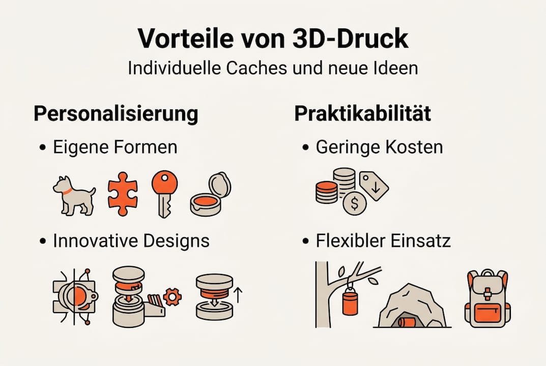Eine anschauliche Infografik verdeutlicht, wie Geocacher vom Einsatz des 3D-Drucks profitieren können.