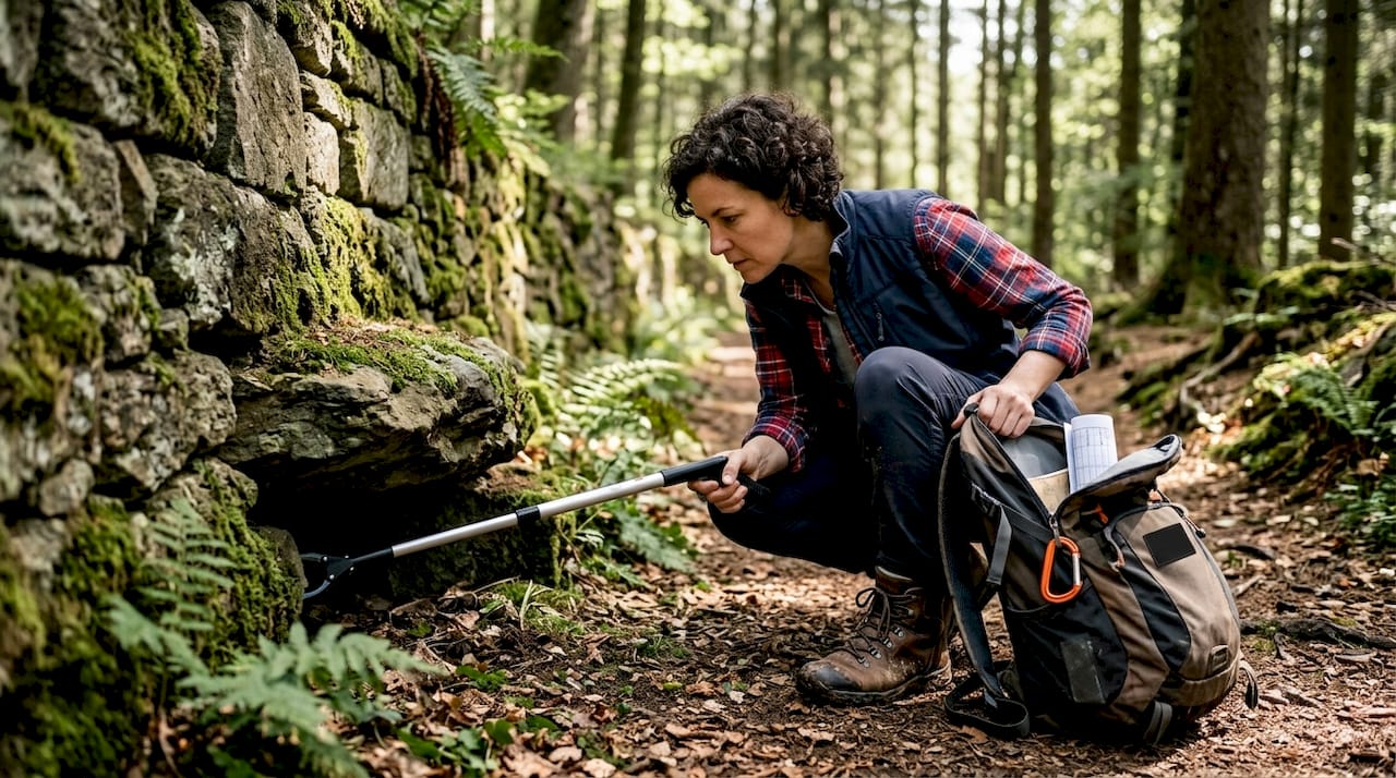 Mit einer Greifzange versucht jemand, ein verstecktes Cache zu erreichen.