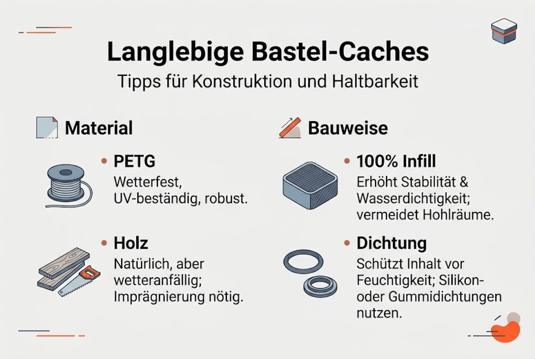 Infografik: Praktische Tipps rund um Bau und Materialien für Geocache-Verstecke