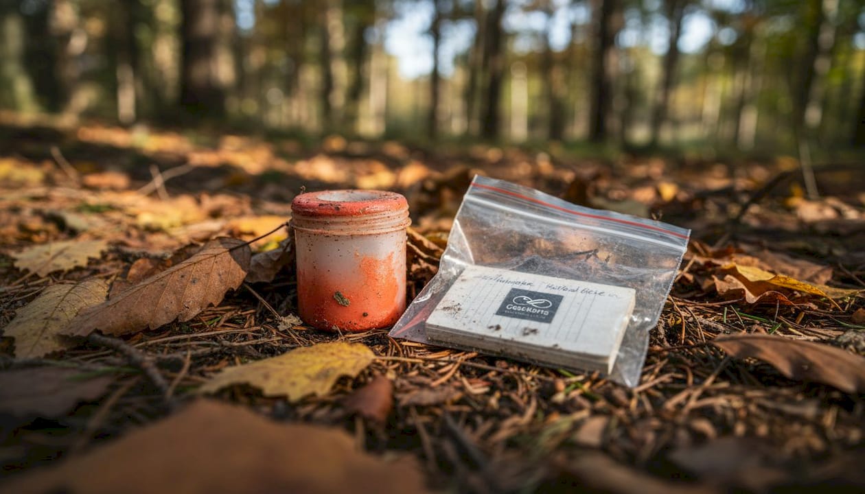Ein wettergeschützter Geocache wartet am Waldrand auf Entdecker.