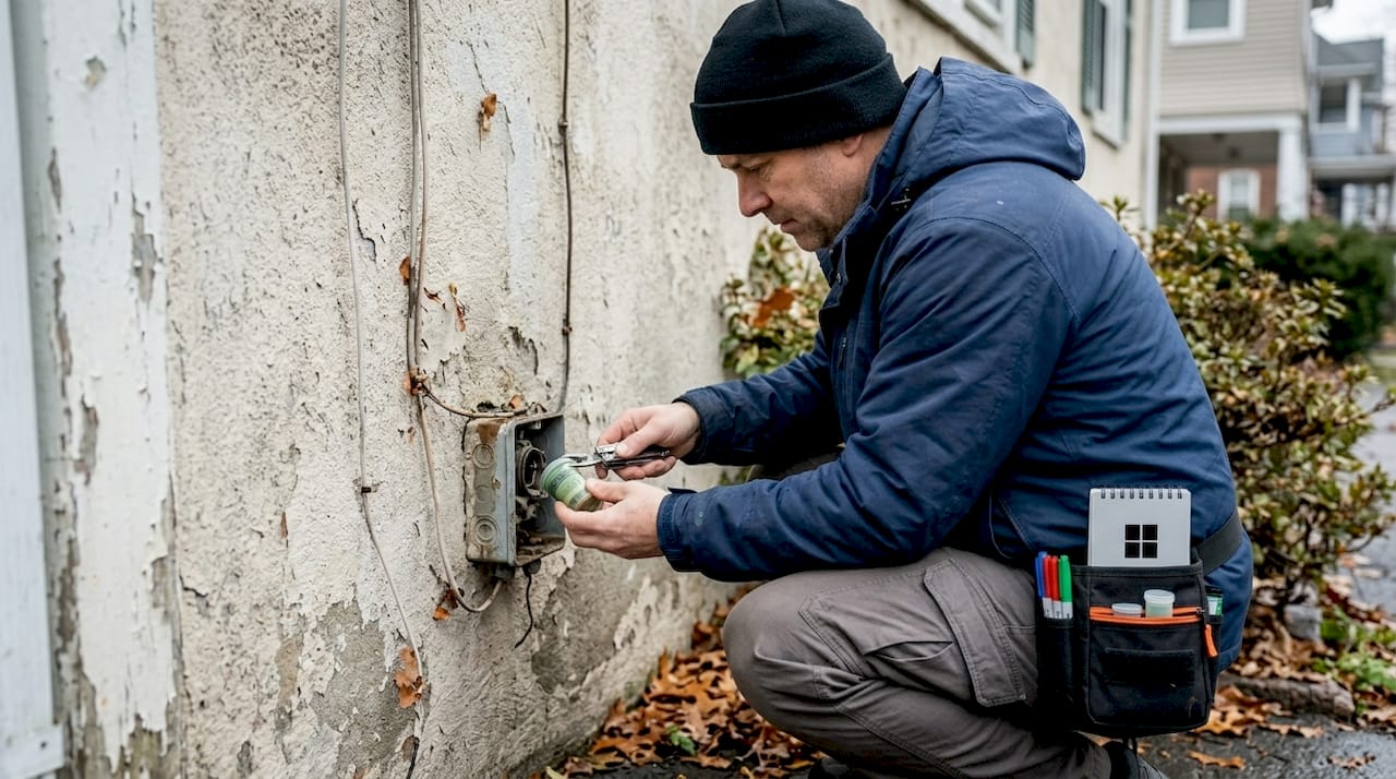 Eine Person öffnet in der Stadt einen mechanischen Geocache und entdeckt dessen Inhalt.