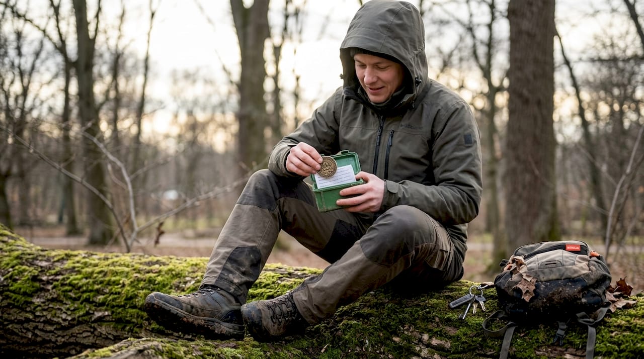 Ein Geocacher entdeckt im Park eine Dose und findet darin einen Geocoin.