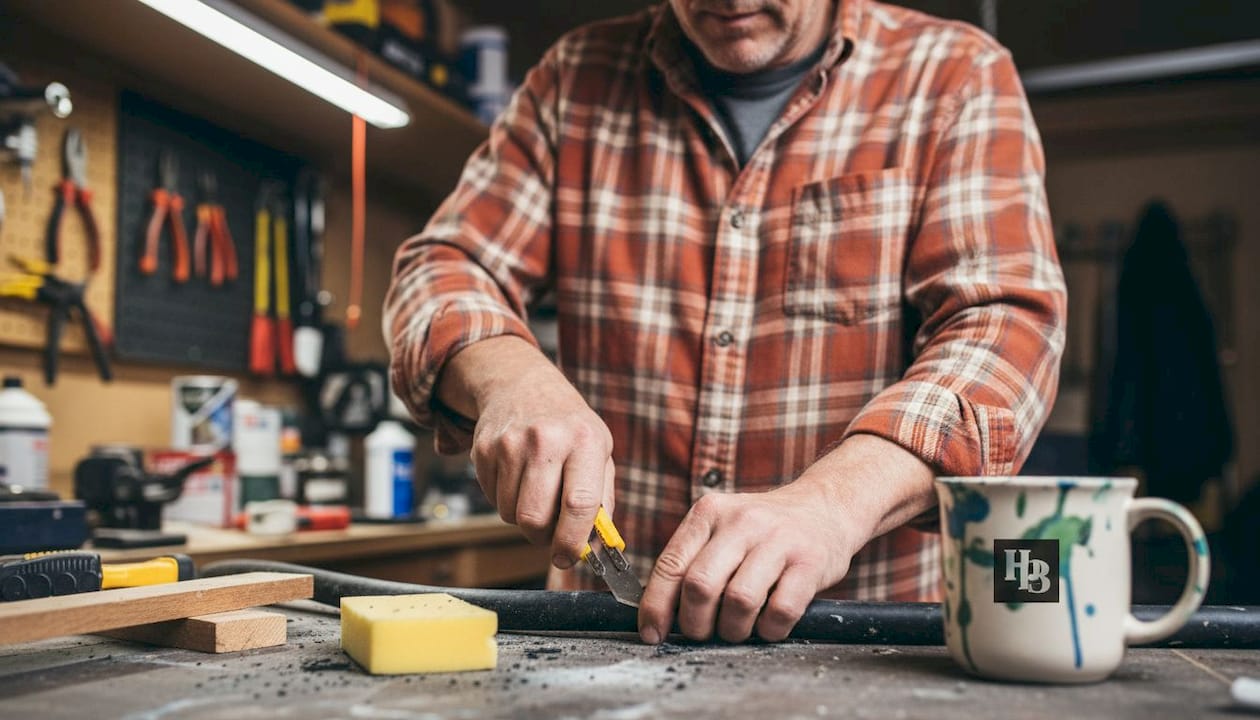 Ein Mann bastelt aus einem alten Gartenschlauch eine Geocaching-Dose.