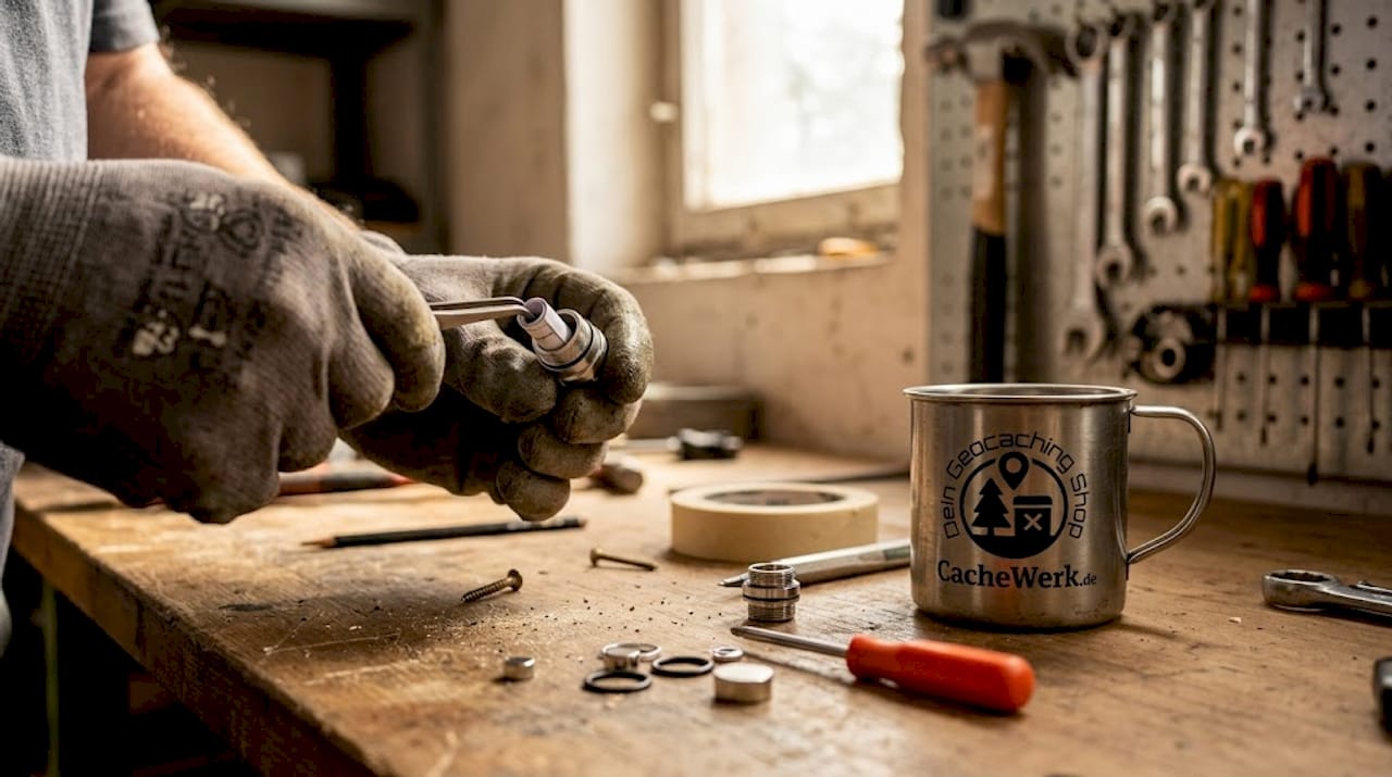 Mit einer Pinzette werden geschickt die winzigen Teile eines Nano-Caches zusammengesetzt.