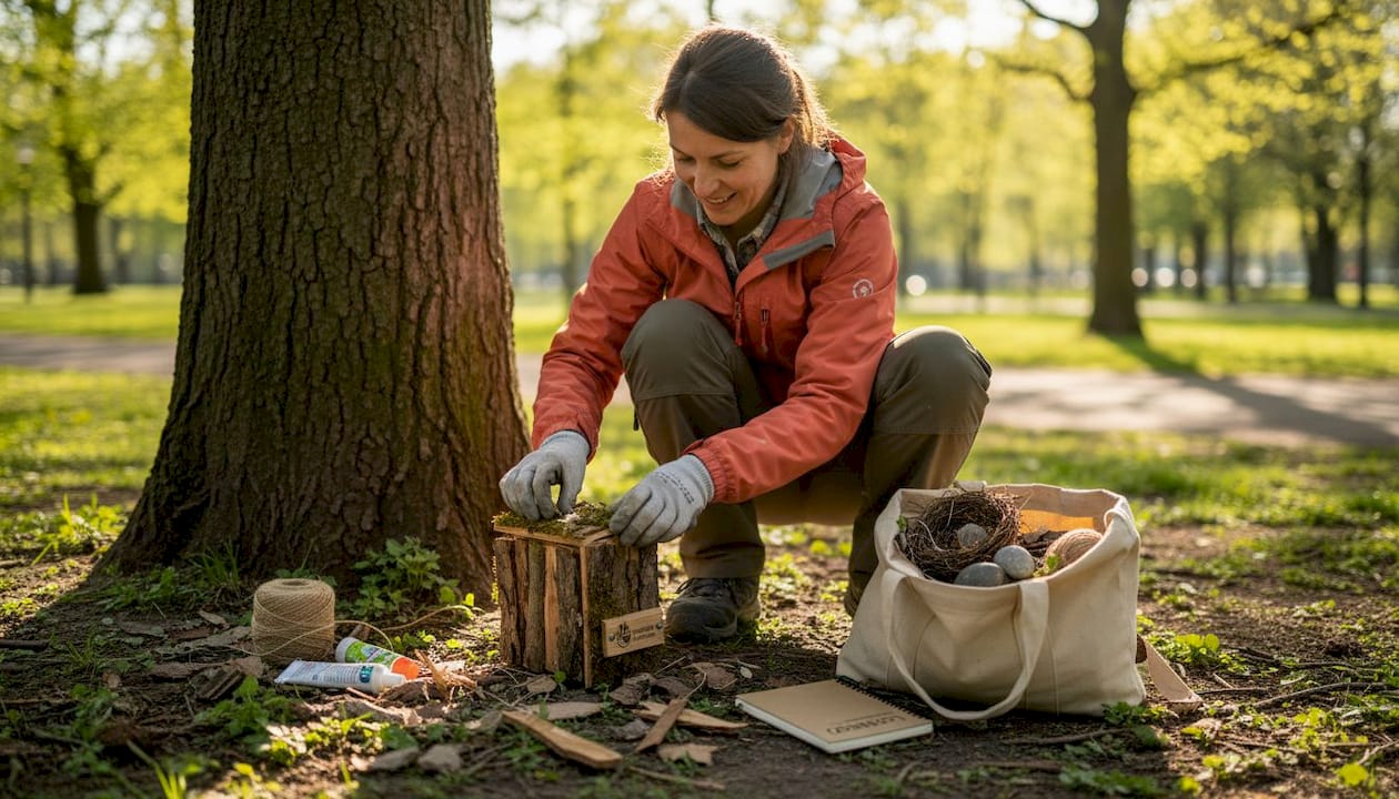Eine Frau richtet direkt am Baum ein natürliches Geocache-Versteck ein.